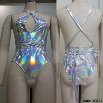 Silver Holographic Multiway Rave Burning Man Bodysuit Holographic Women Pole Dance Costume Drag Queen Costumes
